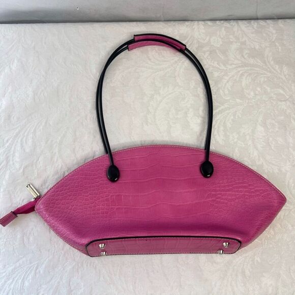 Pink Faux Croc Top Handle Satchel Bag Half Circle Vinyl‎ Approx 16x6 - Picture 11 of 11